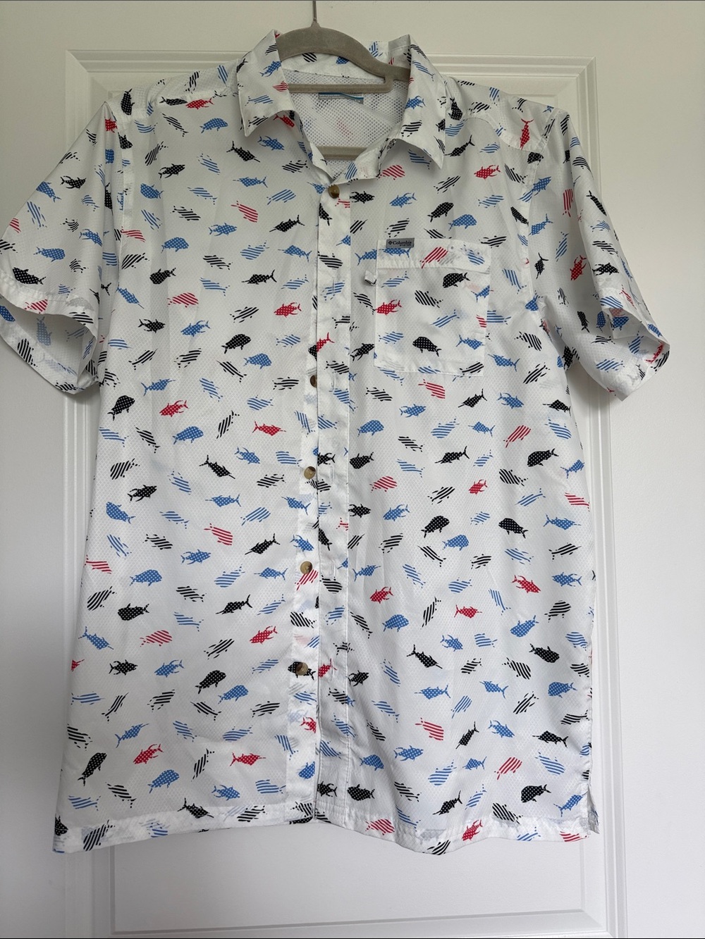 Columbia White Short-Sleeve Fish Print Button-Down Shirt